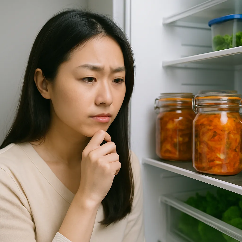 냉장고 속 김치병을 살펴보는 여성