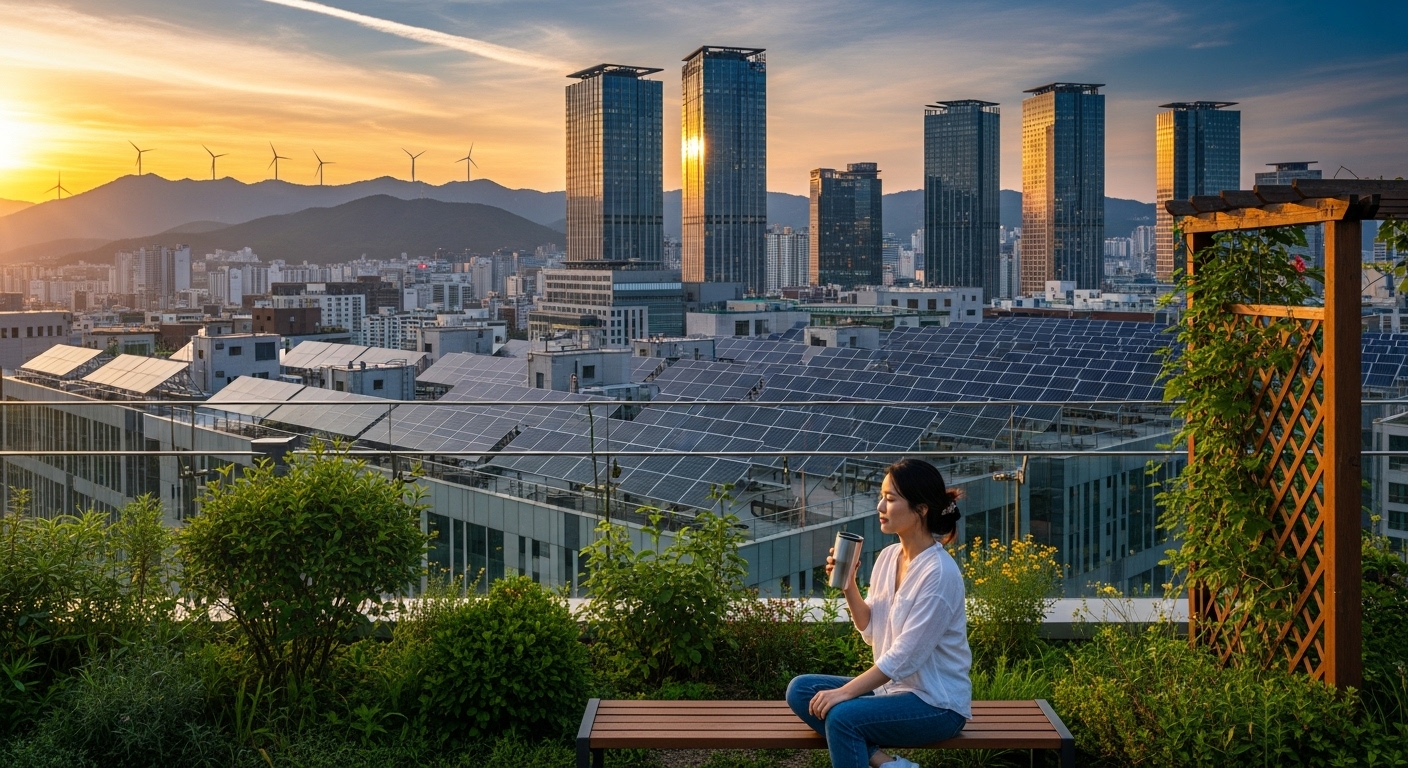 a modern Korean city skyline at sunset, with solar panels installed on building rooftops and wind turbines visible in the distant background mountains