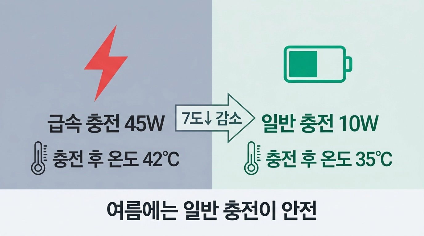 급속 충전 vs 일반 충전 여름 발열 온도 비교 인포그래픽