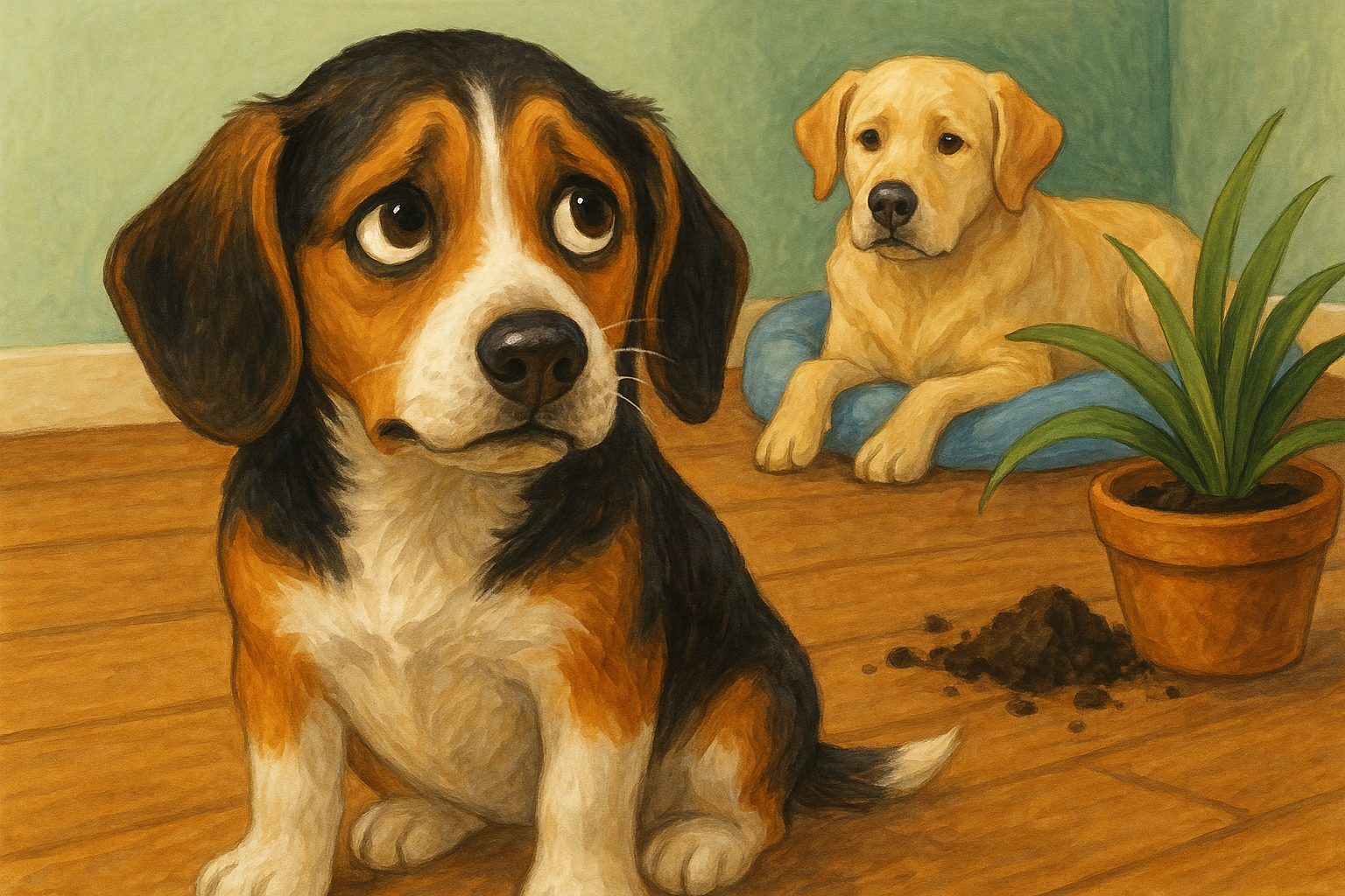 리트리버와 비글이 있는데 비글이 화분을 떨어뜨리고 눈치를 보고 있음