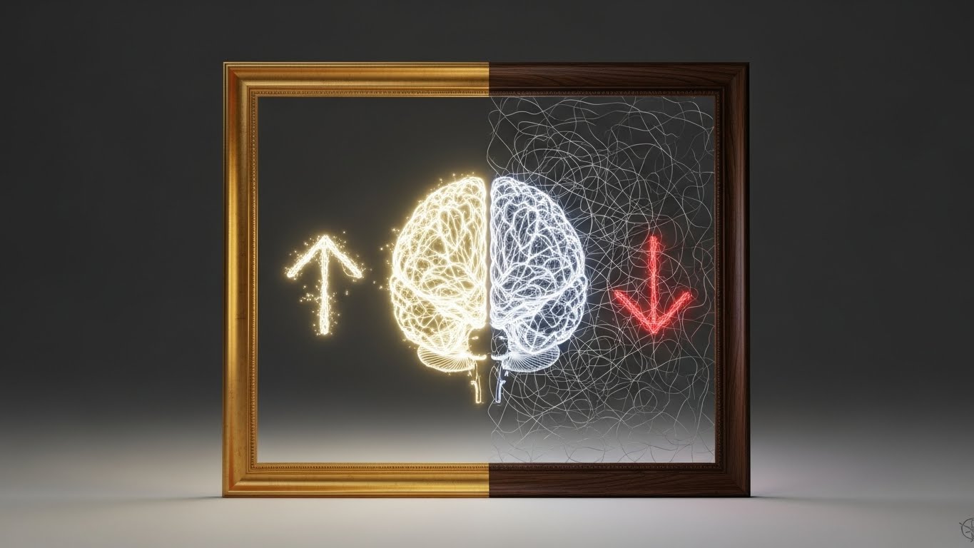 하나의 뇌를 긍정적 프레임과 부정적 프레임이라는 두 개의 다른 액자를 통해 보는 것을 상징하는 3D 컨셉 아트. 프레이밍 효과에 따라 같은 정보도 다르게 인식되는 인지 편향을 시각화함.