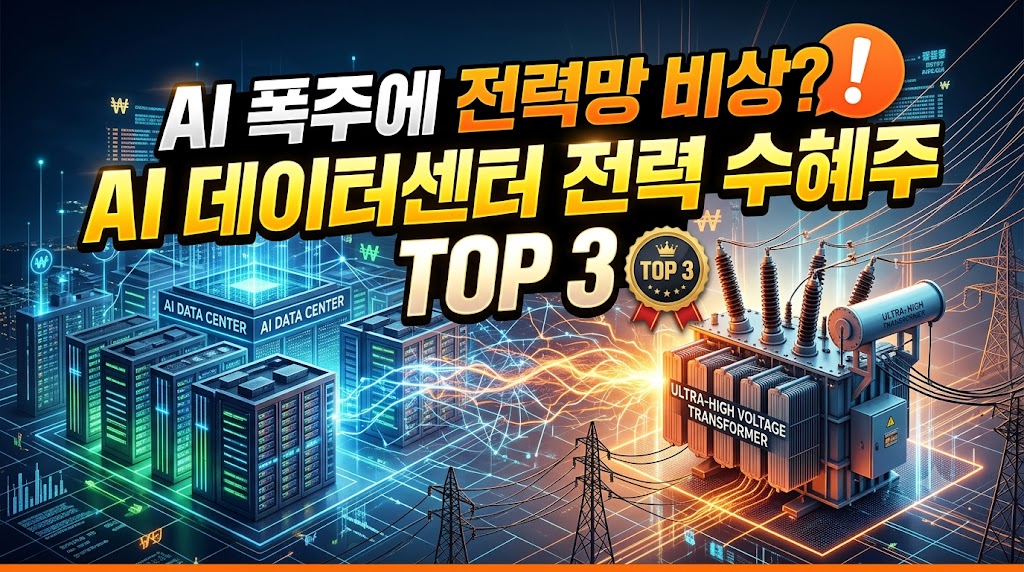 AI 데이터센터 및 대형 초고압 변압기 그래픽 배경에 "AI 폭주에 전력망 비상? AI 데이터센터 전력 수혜주 TOP 3" 문구가 들어간 썸네일.