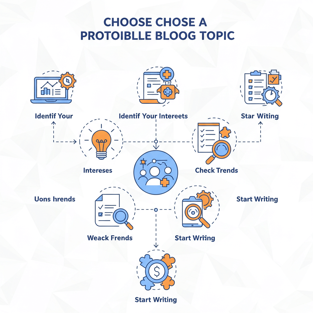 관심사 파악, 키워드 조사 등 수익성 있는 블로그 주제 선택 과정을 보여주는 블루와 오렌지 색상의 모던한 인포그래픽 플로우차트