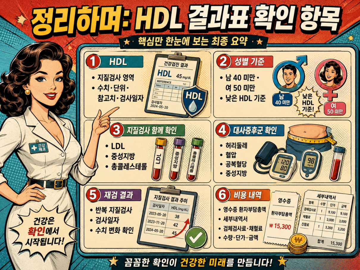 HDL 결과표 확인 항목, 성별 기준, 지질검사, 대사증후군, 재검 결과, 비용 내역을 정리한 최종 요약 인포그래픽