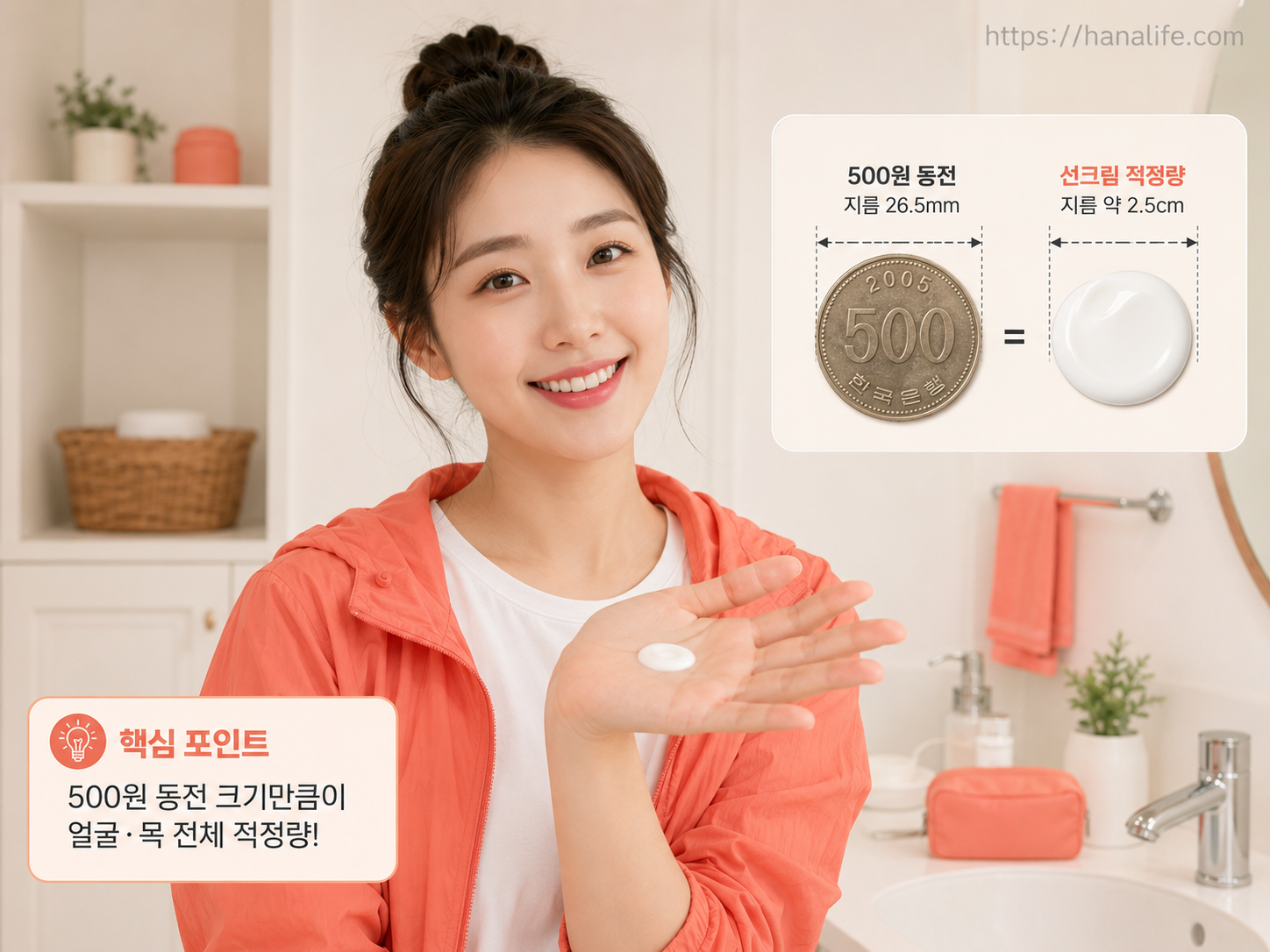 손바닥 위에 500원 동전 크기로 덜어낸 자외선차단제 정량 0.8g 스펙을 보여주는 계량형 인포그래픽