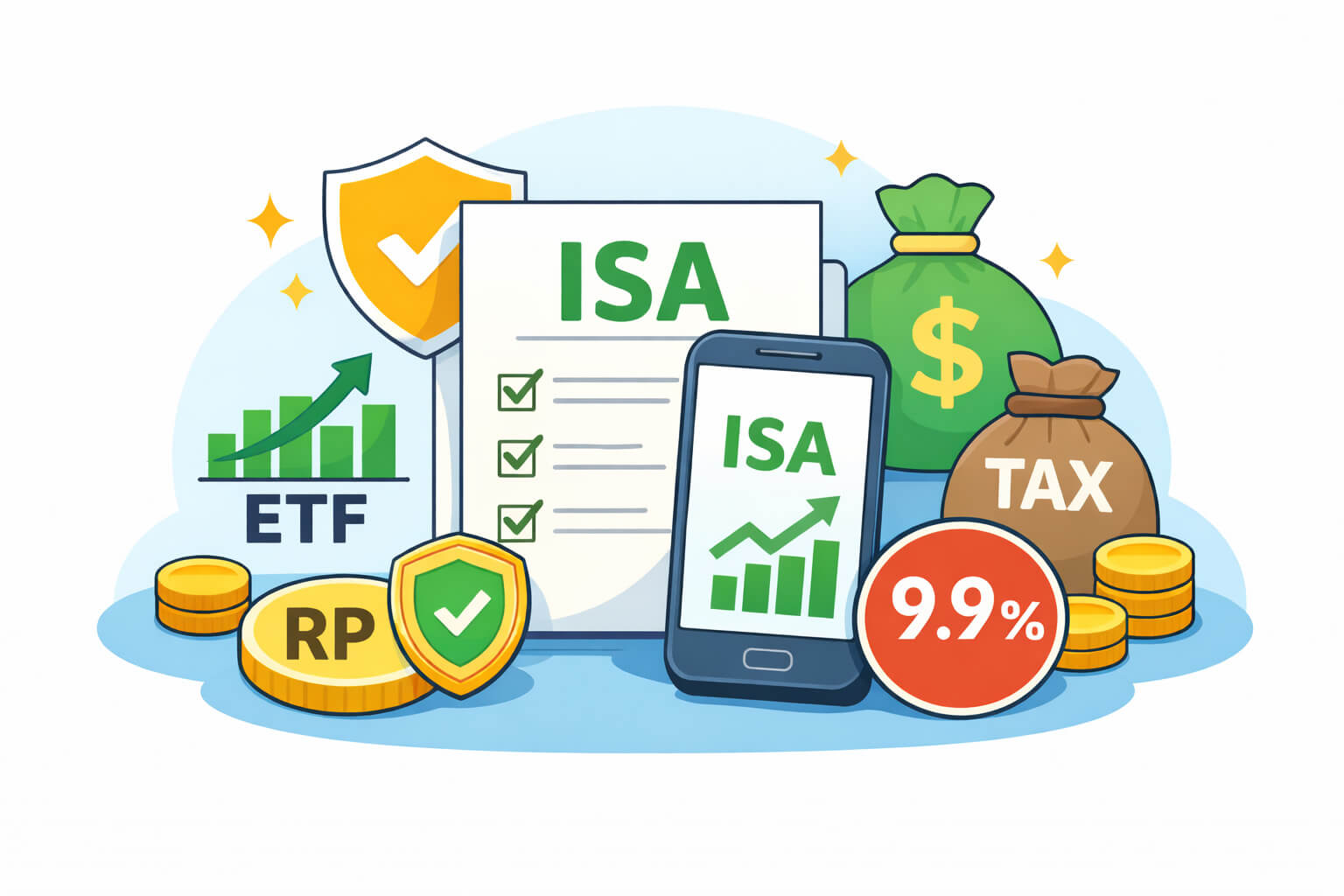 ISA 계좌의 비과세 혜택과 ETF RP 운용 개념을 심플하게 표현한 금융 일러스트 이미지