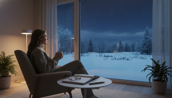 창밖의 눈 내리는 밤 풍경을 바라보며 따뜻한 차를 마시고 있는 사람의 모습. 옆에는 다이어리가 놓여 있어 사색과 계획의 시간을 보여준다.
