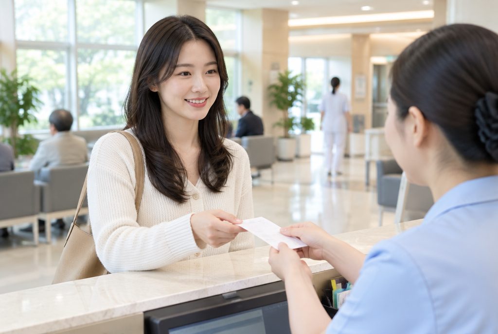 산정특례 적용 기간 첫 달 병원비 영수증을 받는 보호자