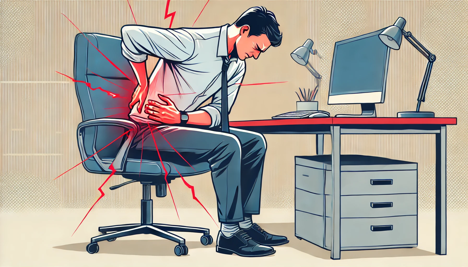 앉아 있는 직장인이 허리와 엉덩이를 부여잡고 고통스러운 표정을 짓고 있음.