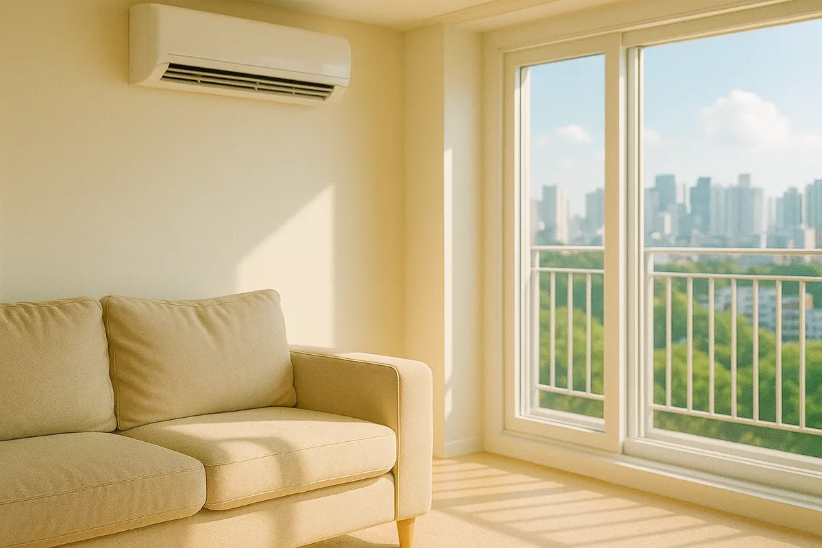 도심 전망 밝은 거실과 에어컨