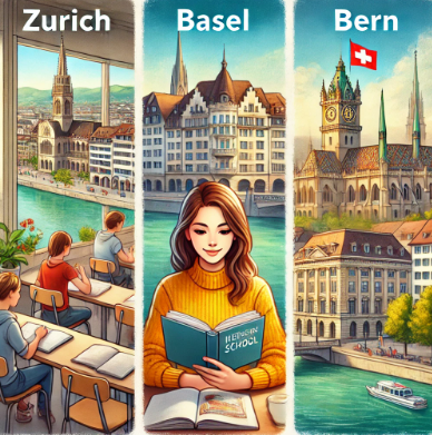 취리히, 바젤, 베른에서 어학연수하는 여성의 모습 비교 사진