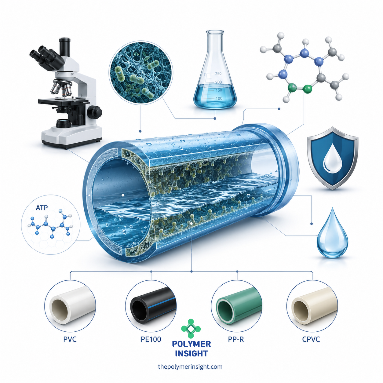 음용수 플라스틱 파이프 내부의 Biofilm과 ATP 시험, 현미경 및 PVC&middot;PE100&middot;PP-R&middot;CPVC 배관을 표현한 기술 이미지