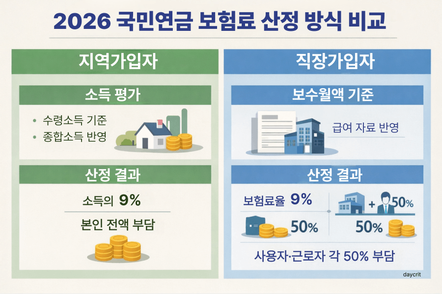 지역·직장 보험료 산정 방식 비교 인포그래픽 / 2026 국민연금