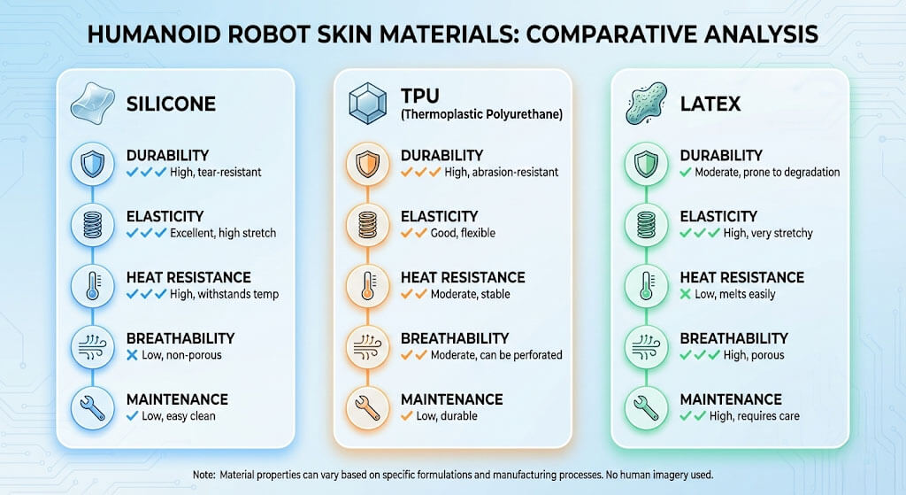휴머노이드 얼굴 피부 소재 비교: 실리콘&middot;TPU&middot;라텍스, 두께와 경도로 선택하기
