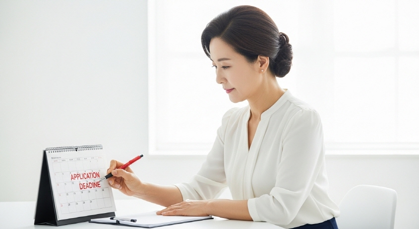 달력에 &lsquo;신청 마감일&rsquo; 표시하는 중년 여성