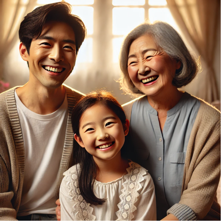 가족과 함께 밝게 웃는 부모님의 모습