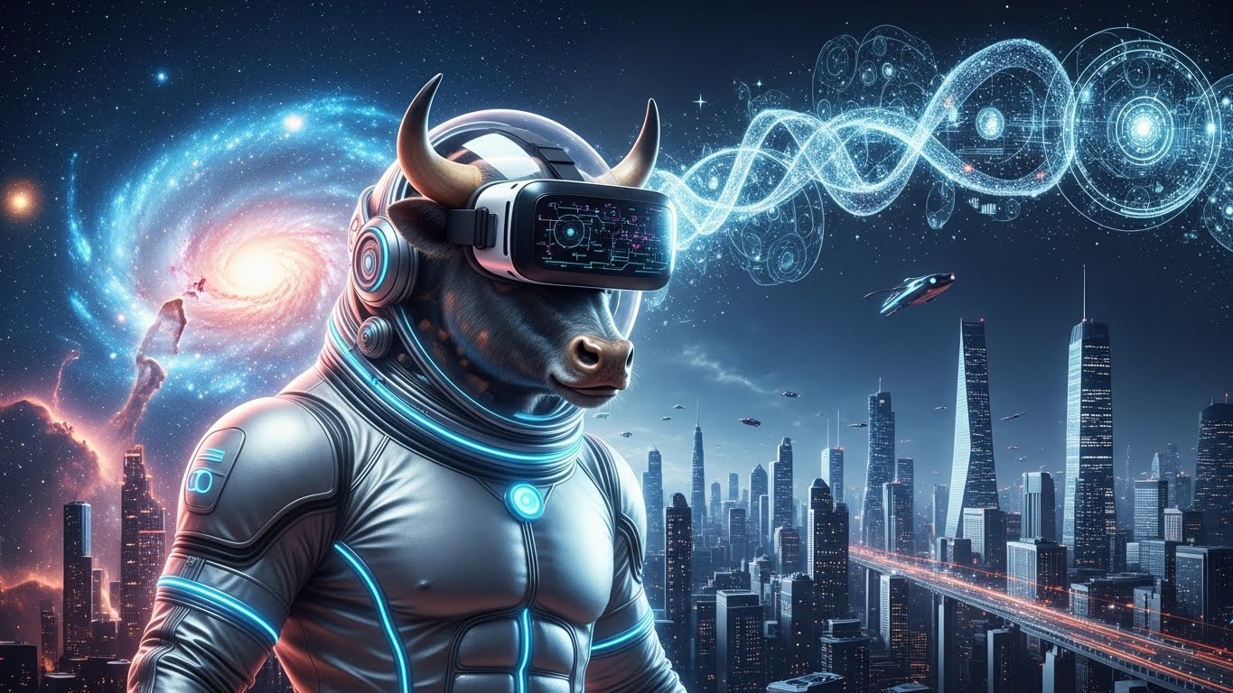 A bull (stock market symbol) wearing a VR headset and a space suit, symbolizing the fusion of AI and Space tech in the upcoming market.