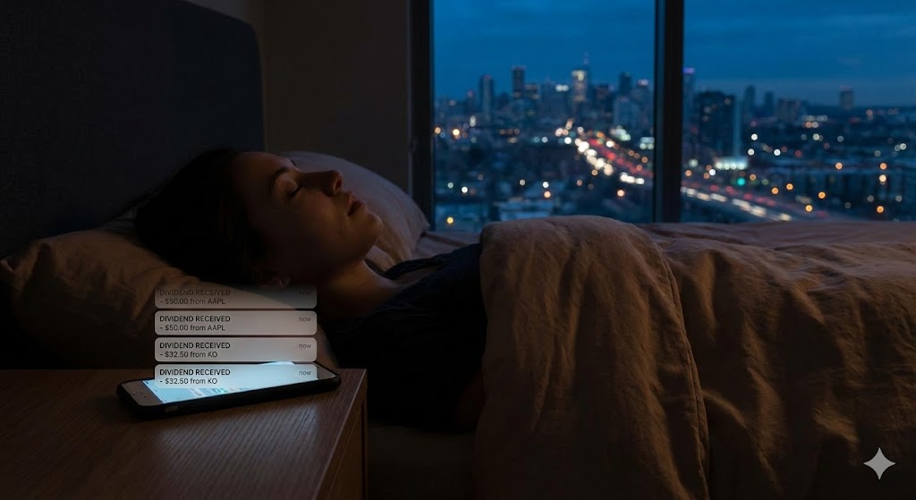 평화롭게 잠든 한 사람의 모습 위로,스마트폰 화면에 배당금 입금 알림이 계속해서 뜨고 있는 환상적인 야경 배경의 썸네일