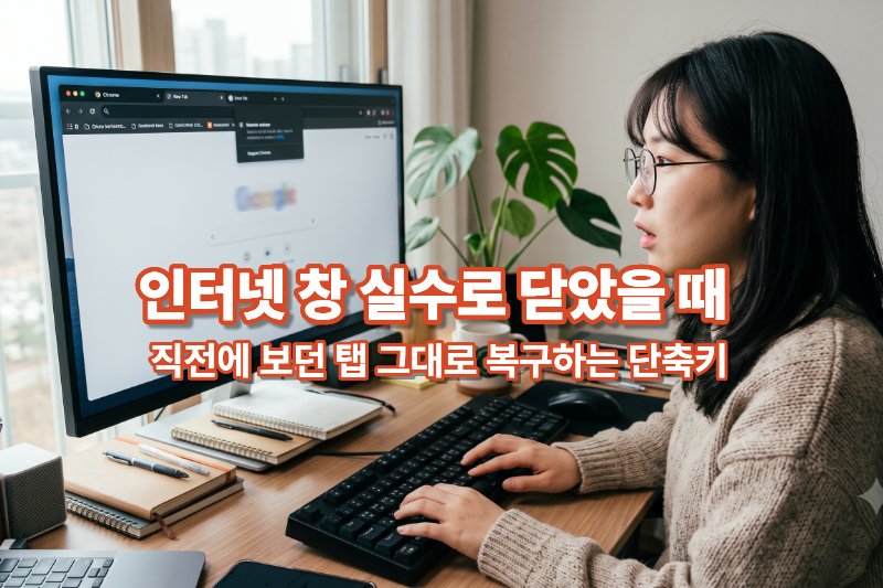 실수로 닫은 인터넷 탭을 복구하려고 키보드 단축키를 사용하는 사용자와 브라우저 화면