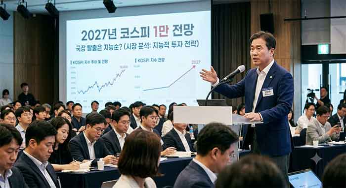 증권사 세미나에서 2027년 코스피 1만 전망을 발표하는 모습.