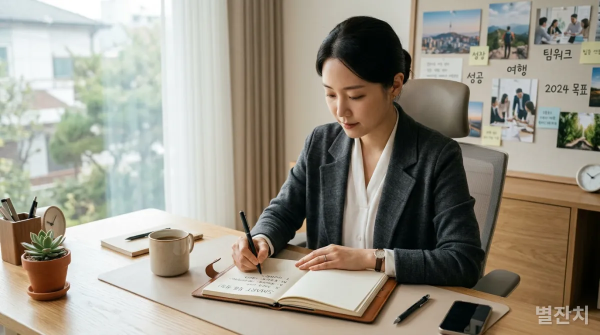 SMART 목표를 설정하고 비전 보드를 활용하는 한국인 직장인의 모습