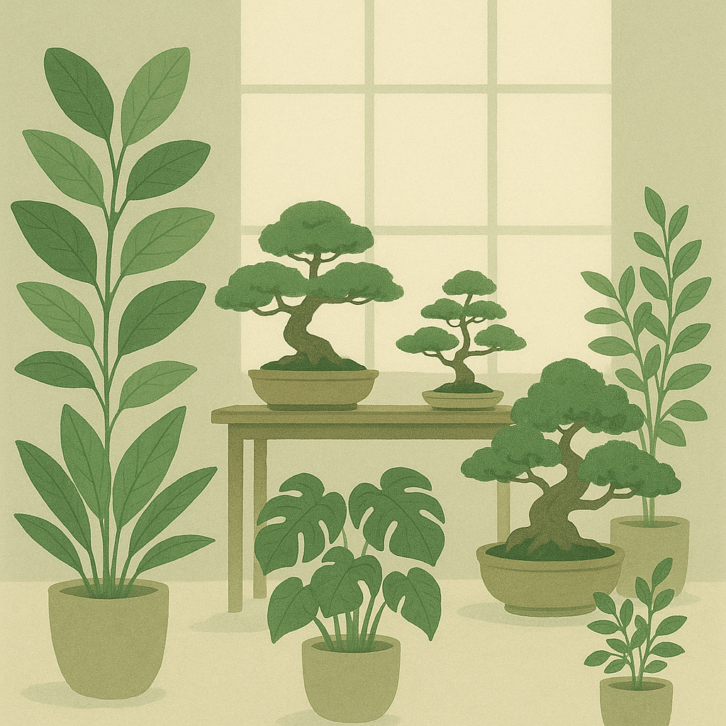 분재와 관엽식물이 있는 실내 정원