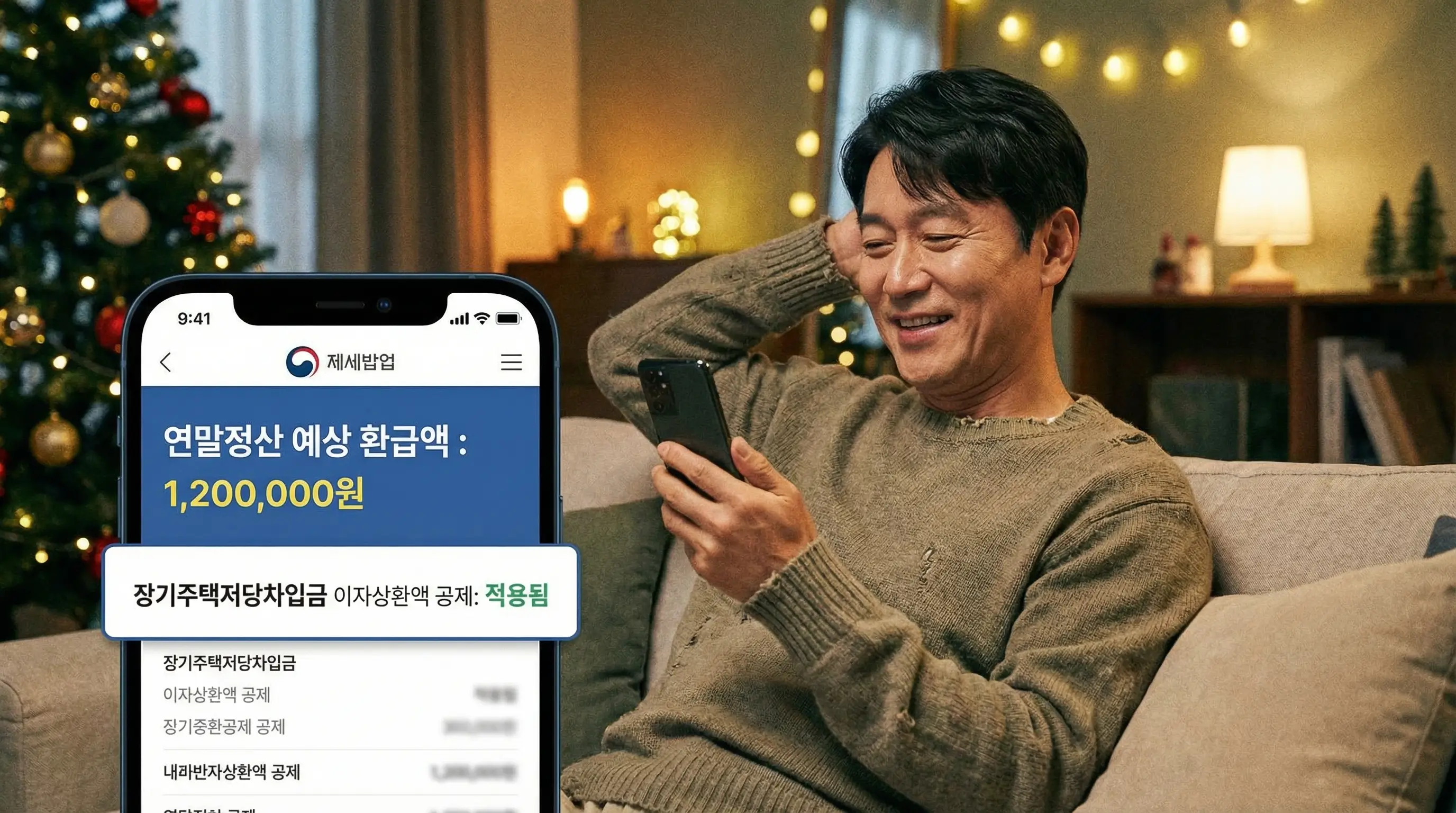 스마트폰으로 연말정산 환급액을 조회하고 장기주택저당차입금 공제 혜택을 확인하는 안도하는 모습