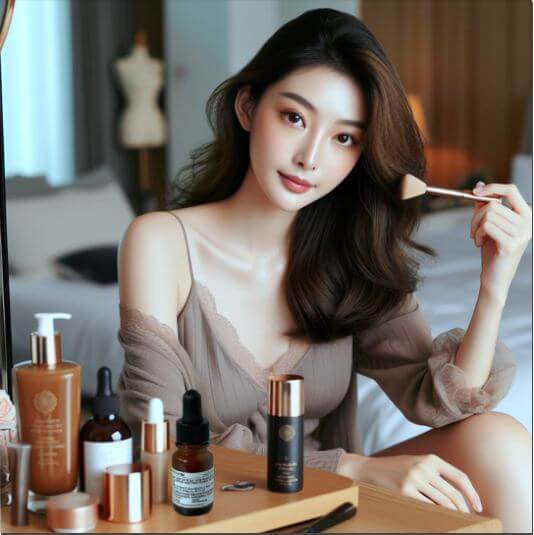 EGF 효과적인 사용법, 잠자기 전에 EGF 제품 사용하는 여성