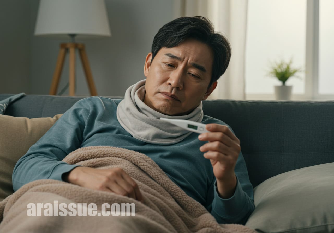 접종 후 피로를 느끼며 집에서 쉬는 중년 남성