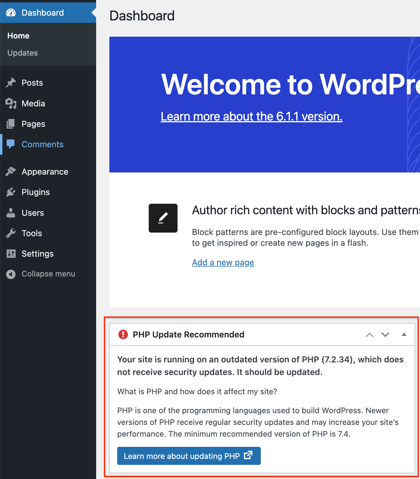 Wordpress-Admin-Page-PHP-Update-Recommended-Warning-Is-Shown