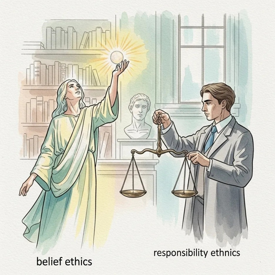 신념과 책임을 저울질하는 정치인의 모습.