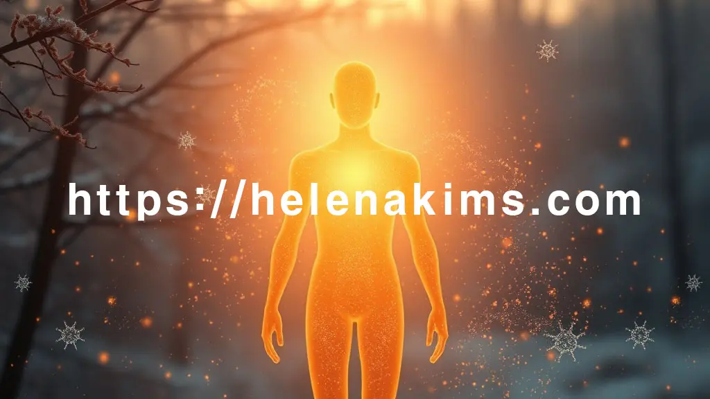 차가운 환절기 기운이 감도는 배경에, 따뜻하고 은은한 빛을 발하는 인체 형상의 모습과 인체 주변으로는 비타민 A, 아연, 셀레늄, 필수 아미노산을 상징하는 작고 반짝이는 건강한 입자들이 유기적으로 퍼져나가며 활력을 더하는 이미지.