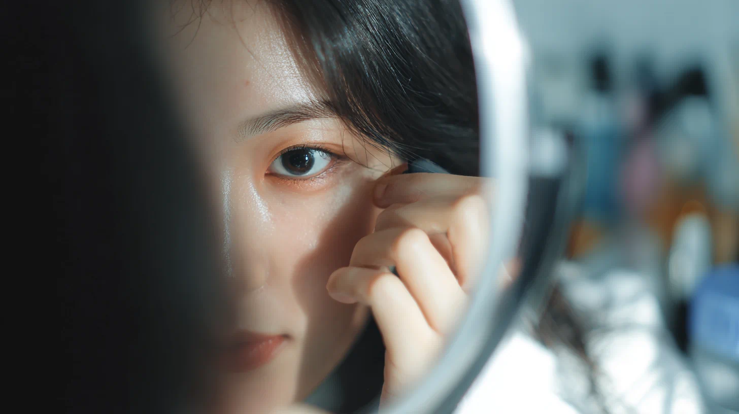 거울을 보며 눈곱을 확인 이미지