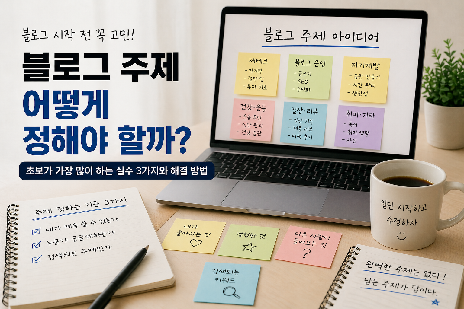 블로그 주제를 어떻게 정해야 할지 고민하는 초보자를 위한 감성형 콘텐츠 이미지. 노트북 속 블로그 주제 아이디어와 메모장, 포스트잇, 커피잔이 놓인 책상 위에서 블로그 운영 방향과 주제 선정 기준을 설명하고 있다.