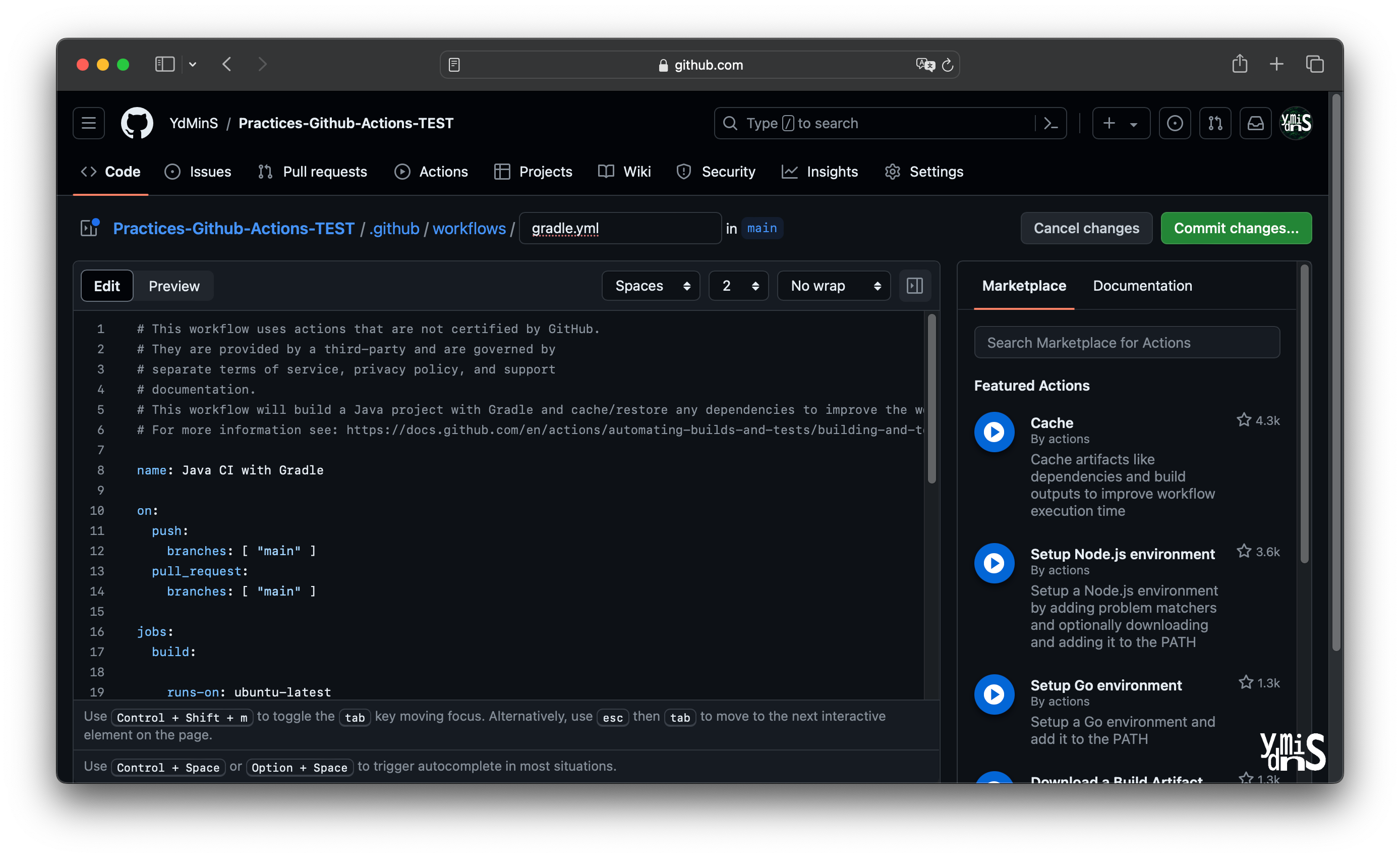 자동 생성된 깃허브 액션 스크립트 모습이다.