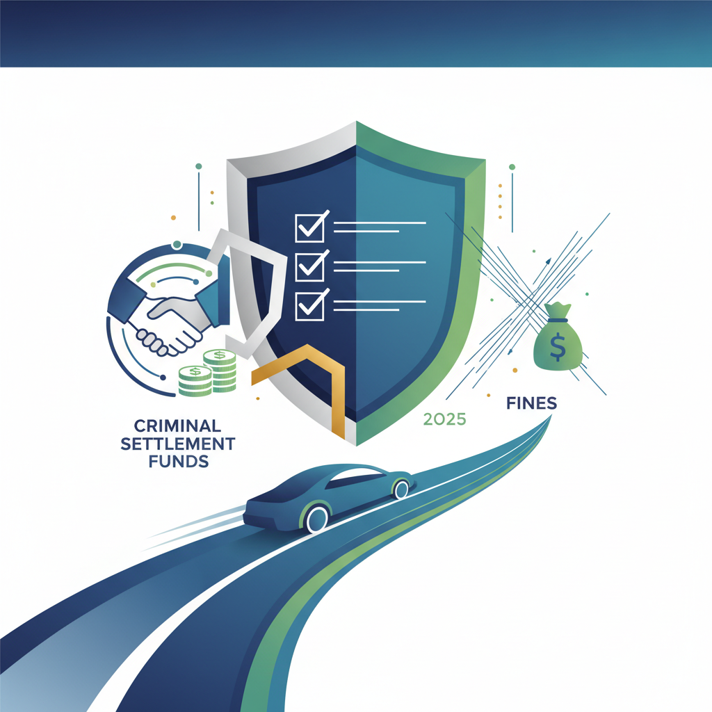 2025년 운전자보험 개정 후 현명하게 대비하는 방법을 나타내는 이미지. 강화된 형사합의금 보장, 벌금 담보 확인 등 체크리스트와 함께 안전 운전의 중요성을 강조하는 방패와 도로 그림.