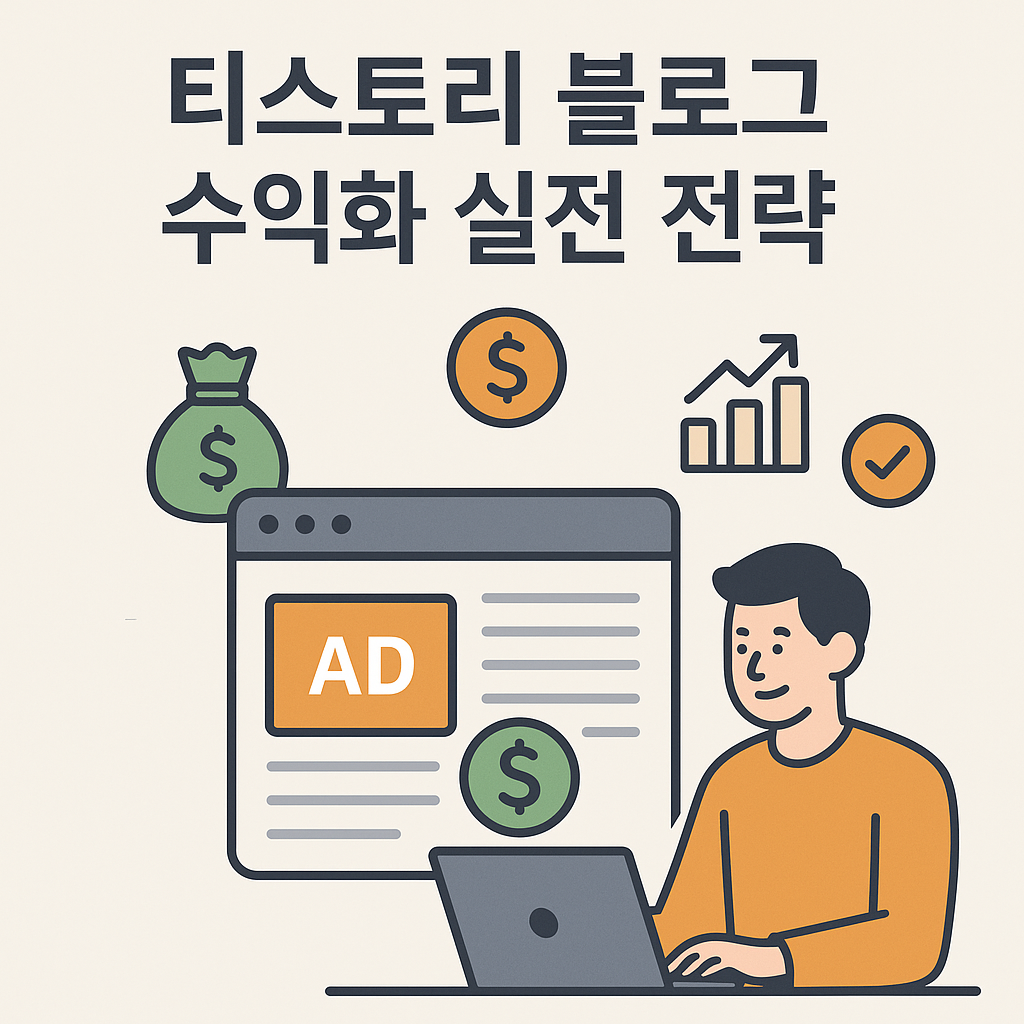 티스토리 블로그 수익화 전략을 설명하는 일러스트|광고 수익, 콘텐츠 전략, 키워드 분석, 애드센스를 상징하는 그래픽 요소 포함