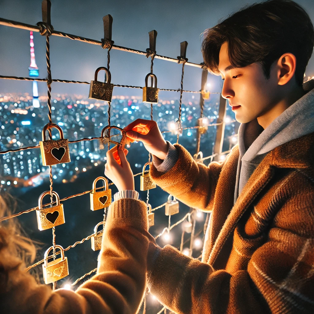 남산타워에서 열쇠고리 걸고 있는 연인의 사진