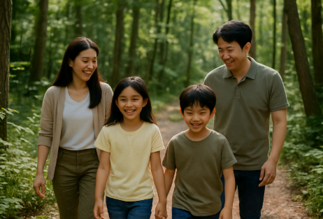 4인 가족이 숲에서 산책하며 즐거운 시간을 보내는 모습