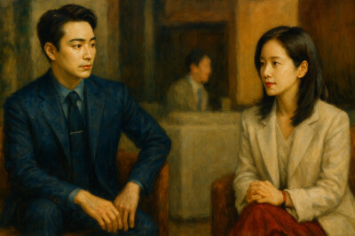 정장을 입은 주인공 남성과 베이지색 재킷을 입은 여성이 마주 앉아 서로를 바라보는 모습, 따뜻한 색감의 유화풍 그림