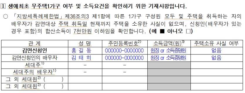 생애최초 주택 구입 취득세 감면 신청서 뒷면 작성 예시