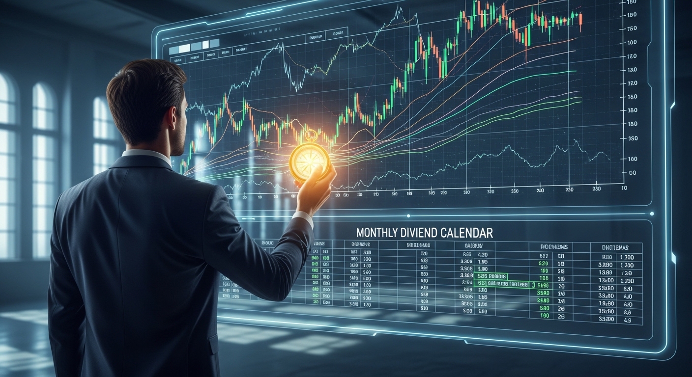 나침반을 들고 나스닥 지수와 배당 달력을 바라보는 든든한 아빠의 뒷모습