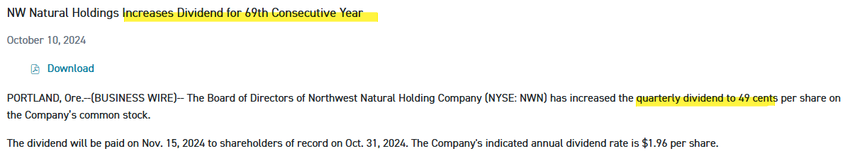 노스웨스트 내추럴 홀딩스(Northwest Natural Holding Company, NWN) 분기배당 0.49달러 69년 연속 배당성장 보도자료