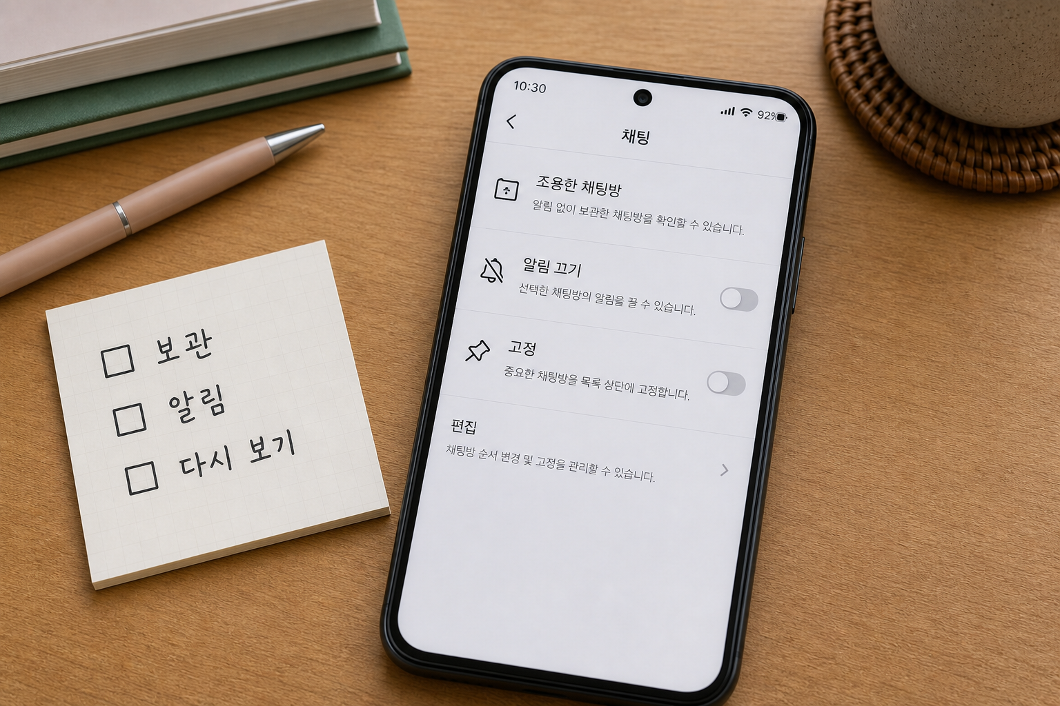 스마트폰에서 카카오톡 채팅 목록의 조용한 채팅방, 알림 끄기, 고정 메뉴를 보는 화면