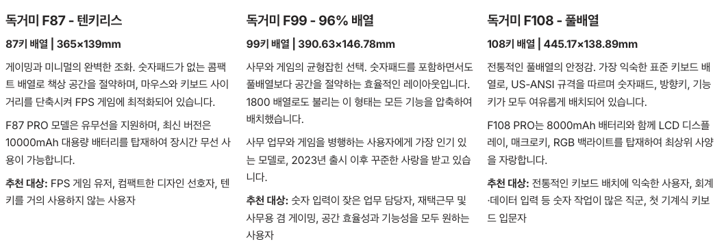 독거미 키보드 모델별 비교 정리