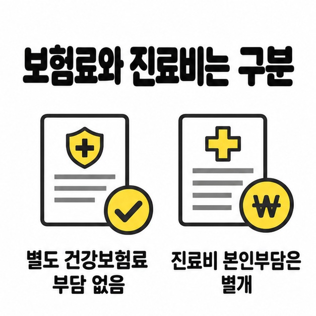 건강보험 피부양자의 별도 보험료 부담과 진료비 본인부담을 구분한 비교 도식