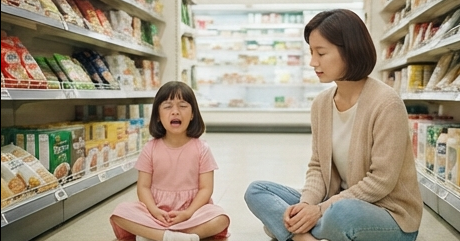 마트 바닥에 앉아 떼쓰는 아이의 모습