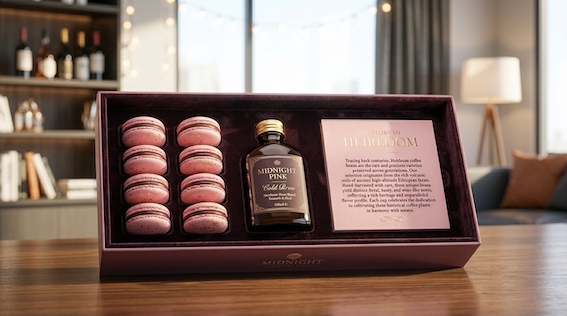 midnight coffee package with macaroons