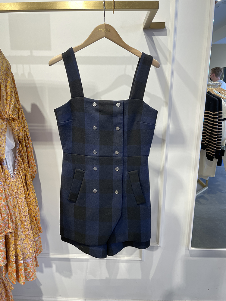 마쥬 여성 IPYAN 체크 플레이드 패턴 더블 브레스티드 점프수트