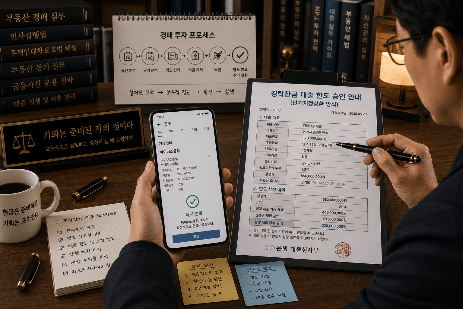 경락잔금 대출 한도 승인 문서를 비교 분석하는 고수의 모습